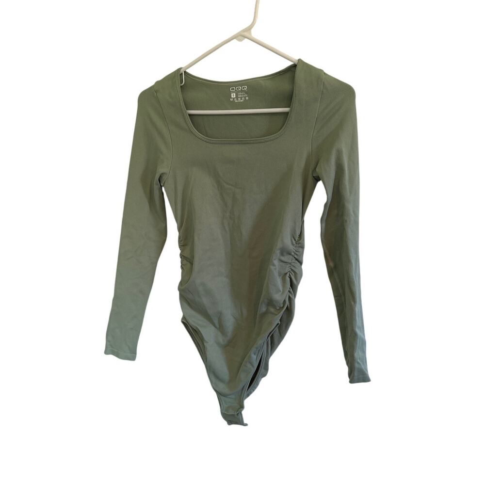 Sage Green Stretchy Ribbed Body Suit Scoop Neck Long Sleeve Scrunch Side Detail
